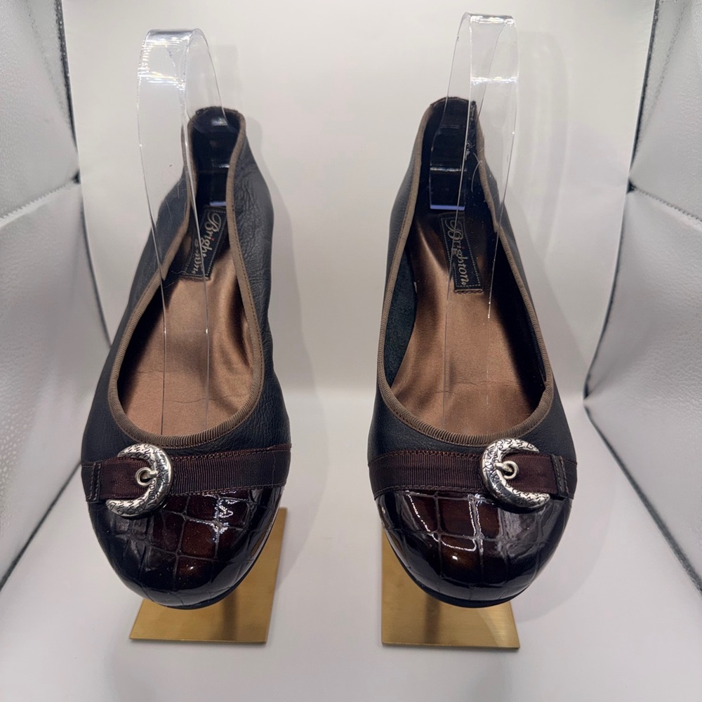 Brighton Brown Croc-Trim Leather Ballet Flats with Silver Buckle